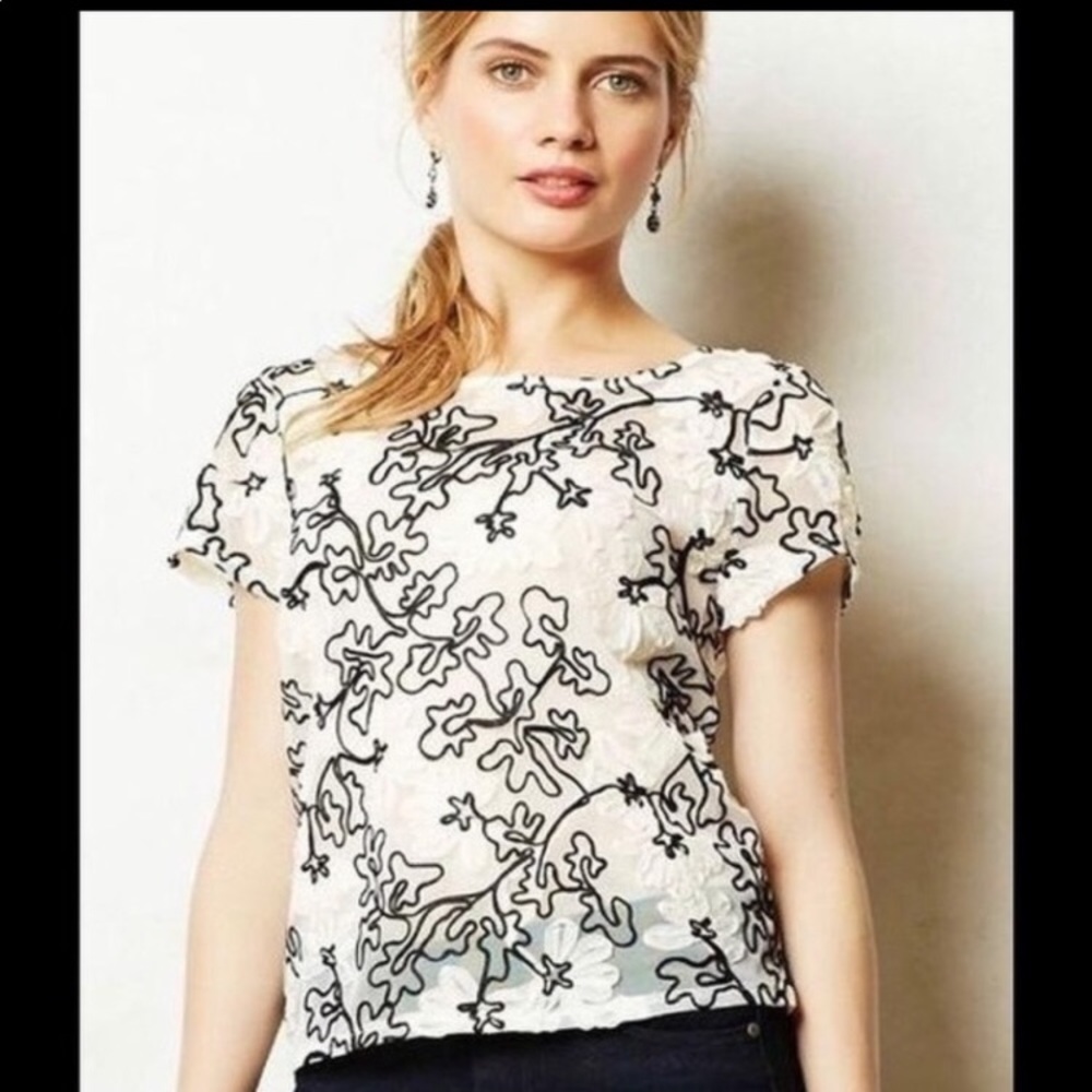 Anthropologie Meadow Rue Sheer Floral Appliqué Top
